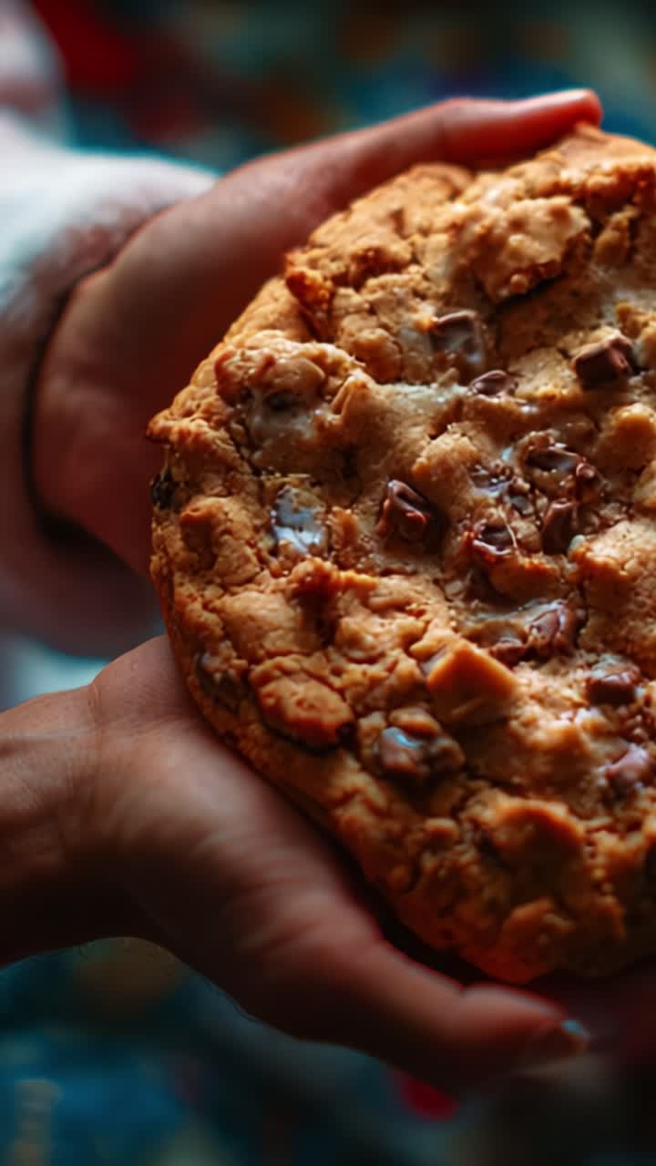 Delizioso biscotto con gocce di cioccolato tra le mani, catturato splendidamente con colori intensi e texture ricca, perfetto per una coccola dolce o come ispirazione per la preparazione di dolci in qualsiasi cucina
