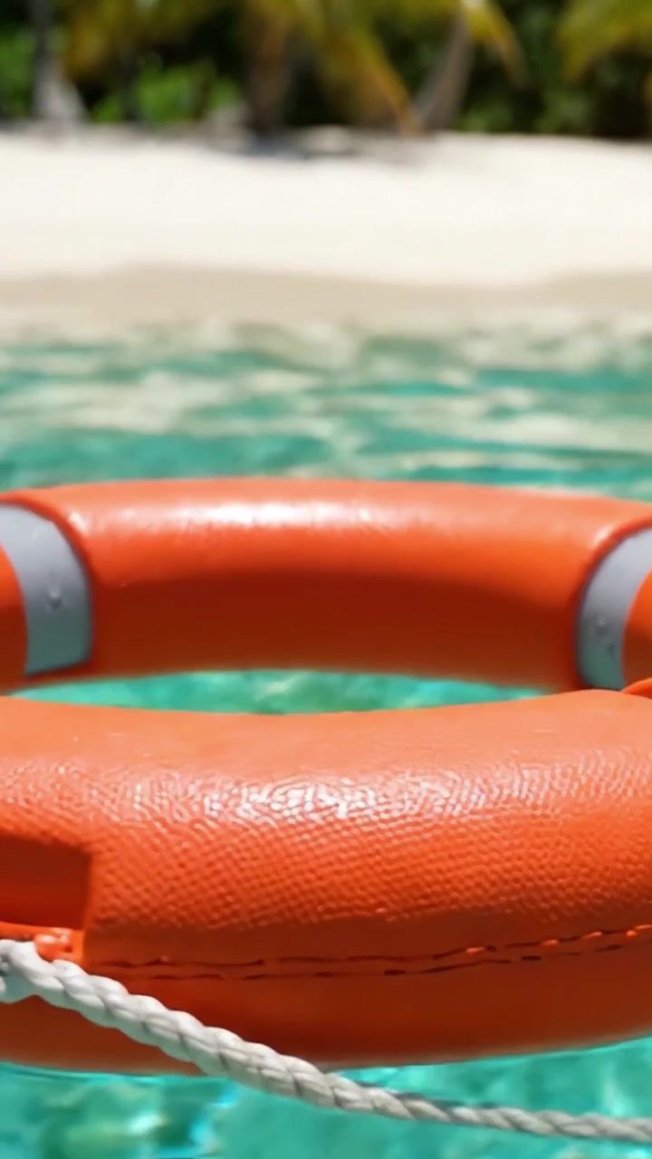 An Enthralling Close-Up of a Bright Orange Lifebuoy Floating in Crystal Clear Tropical Waters Surrounded by Lush Greenery and Soft Sandy Beach