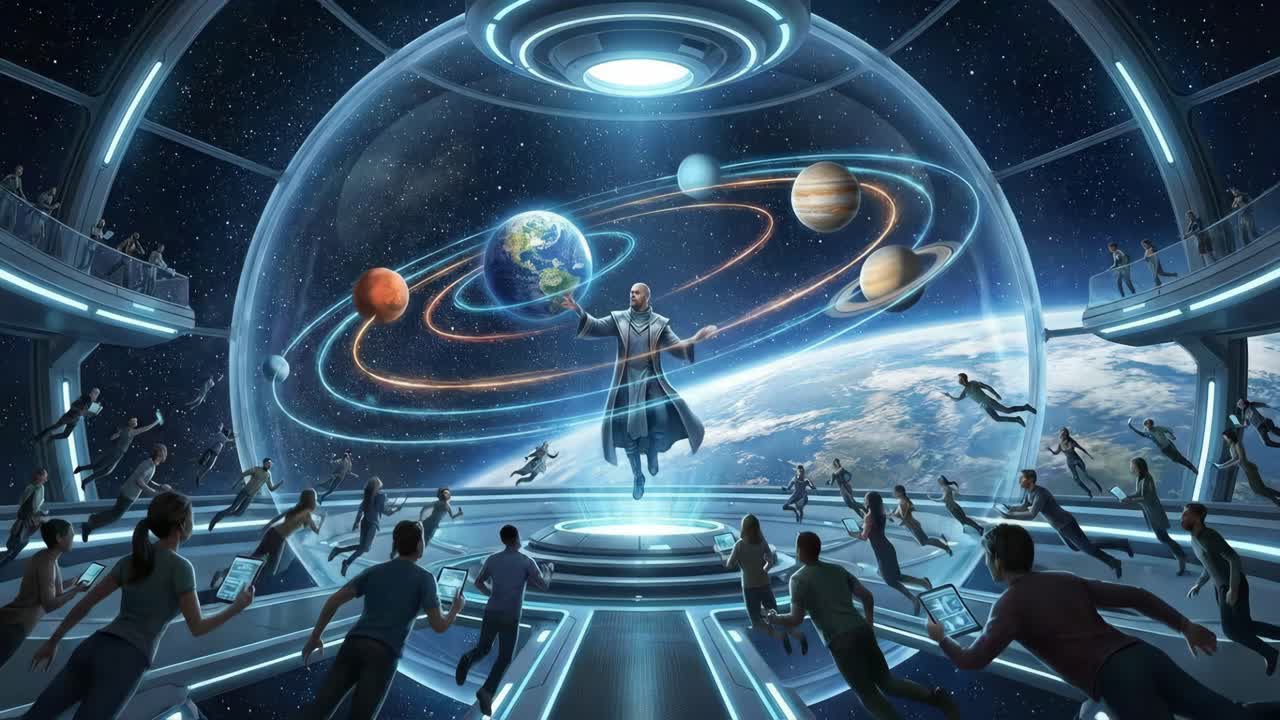 Exposición futurista del sistema solar con planetas y público digital