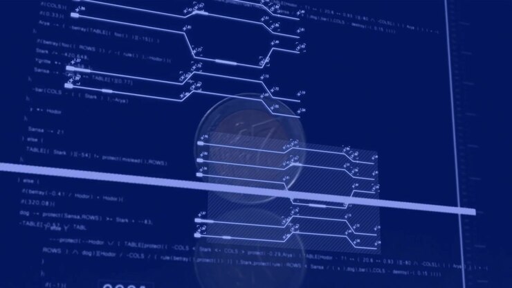 Timeline scrubber sweeping across paired schematics, revealing years and lines to show time flow