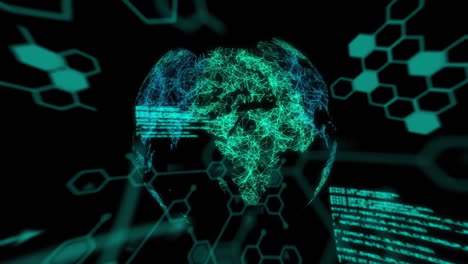 Animation-Von-Molekülstrukturdiagrammen-Und-Datenverarbeitung-über-Einem-Globus-Auf-Schwarzem-Hintergrund