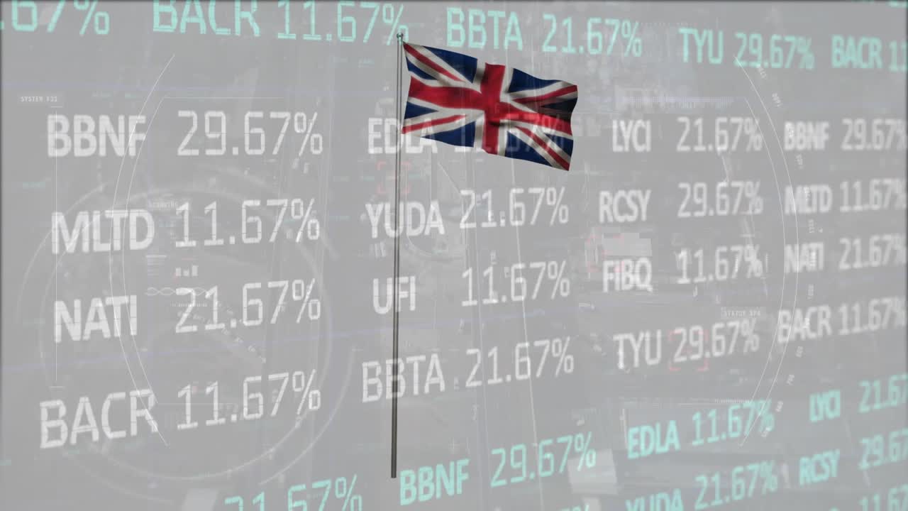 Animazione di elaborazione dati del mercato azionario su bandiera del Regno Unito sventolante, su sfondo grigio
