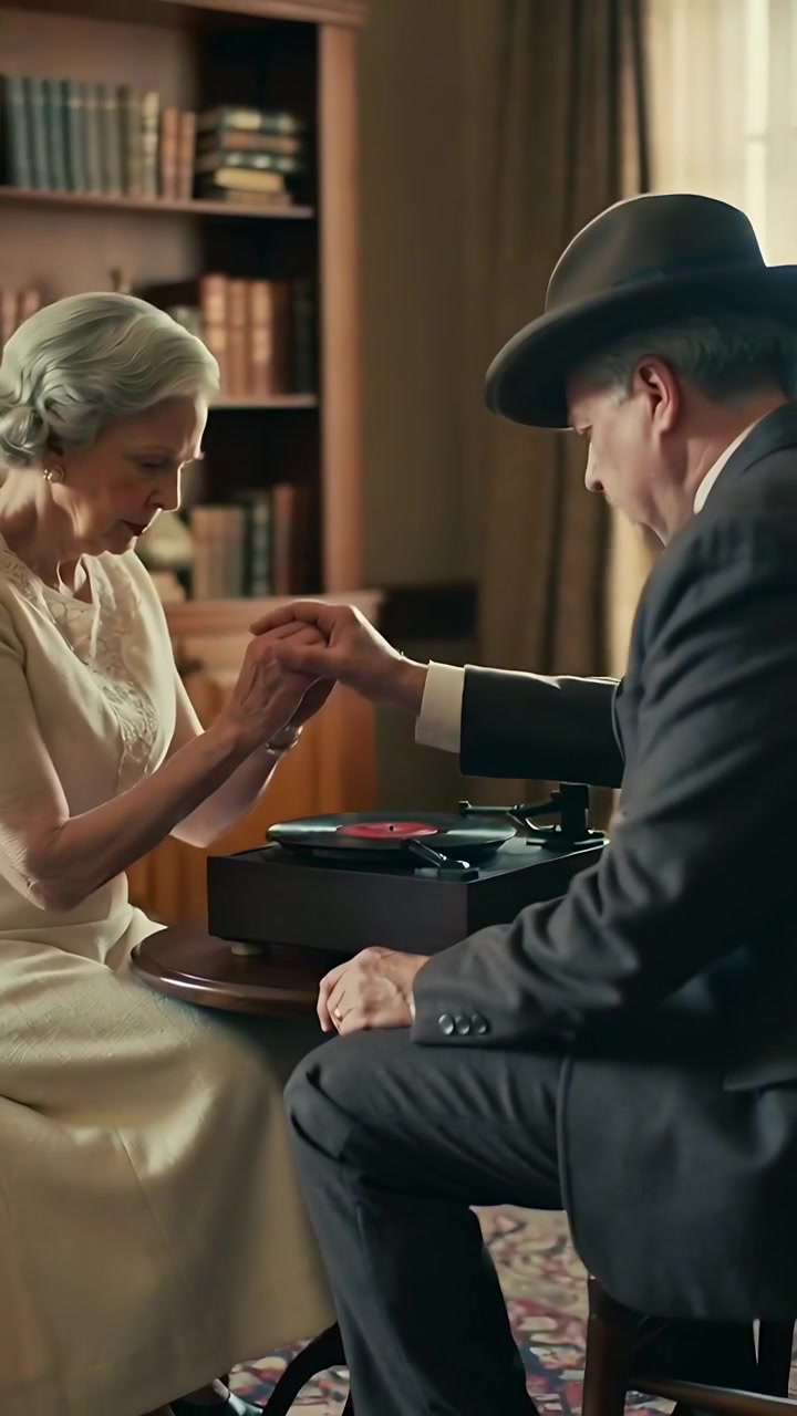 Video verticale: Un uomo vestito elegantemente posiziona un vinile, guidando la mano di una donna in un salotto, mentre suona musica.