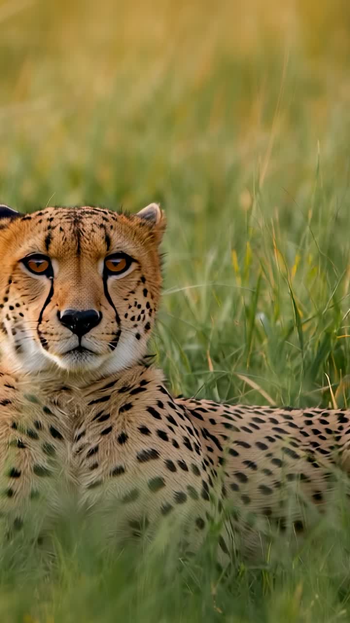 Vertical video: Gazing adult cheetah keeping watch in golden savanna as camera nears, green grass
