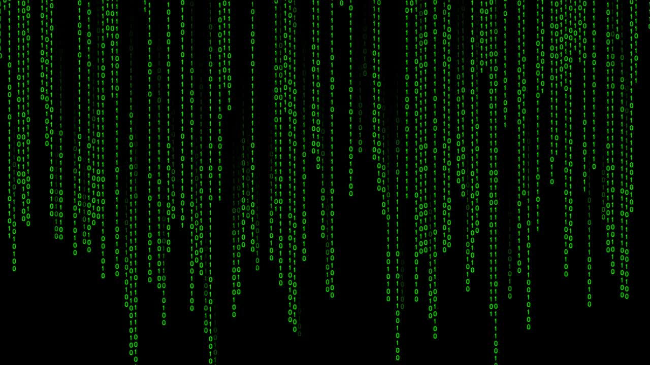 Digital binary code processing on black background.