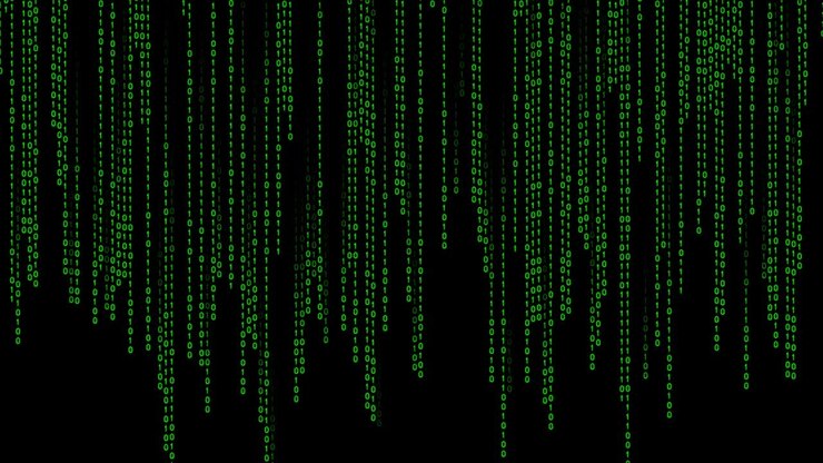 Digital binary code processing on black background.