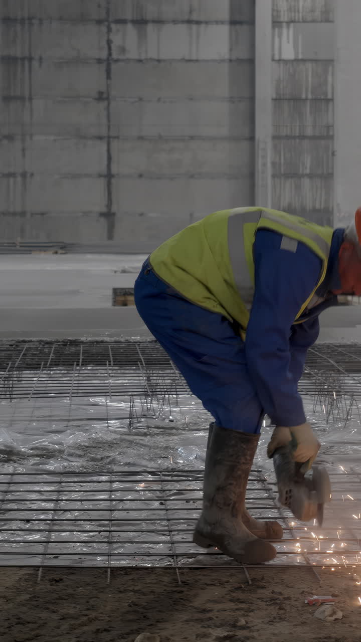 trabajador de la construcción cortando barras de refuerzo en un sitio de construcción