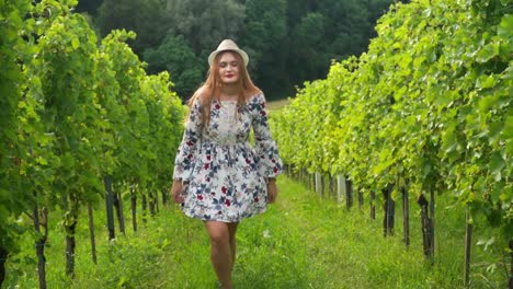 stunning hd footage of a young white caucasian woman with a knitted hat in a dress joyfully walking through vineyards and admiring the surroundings