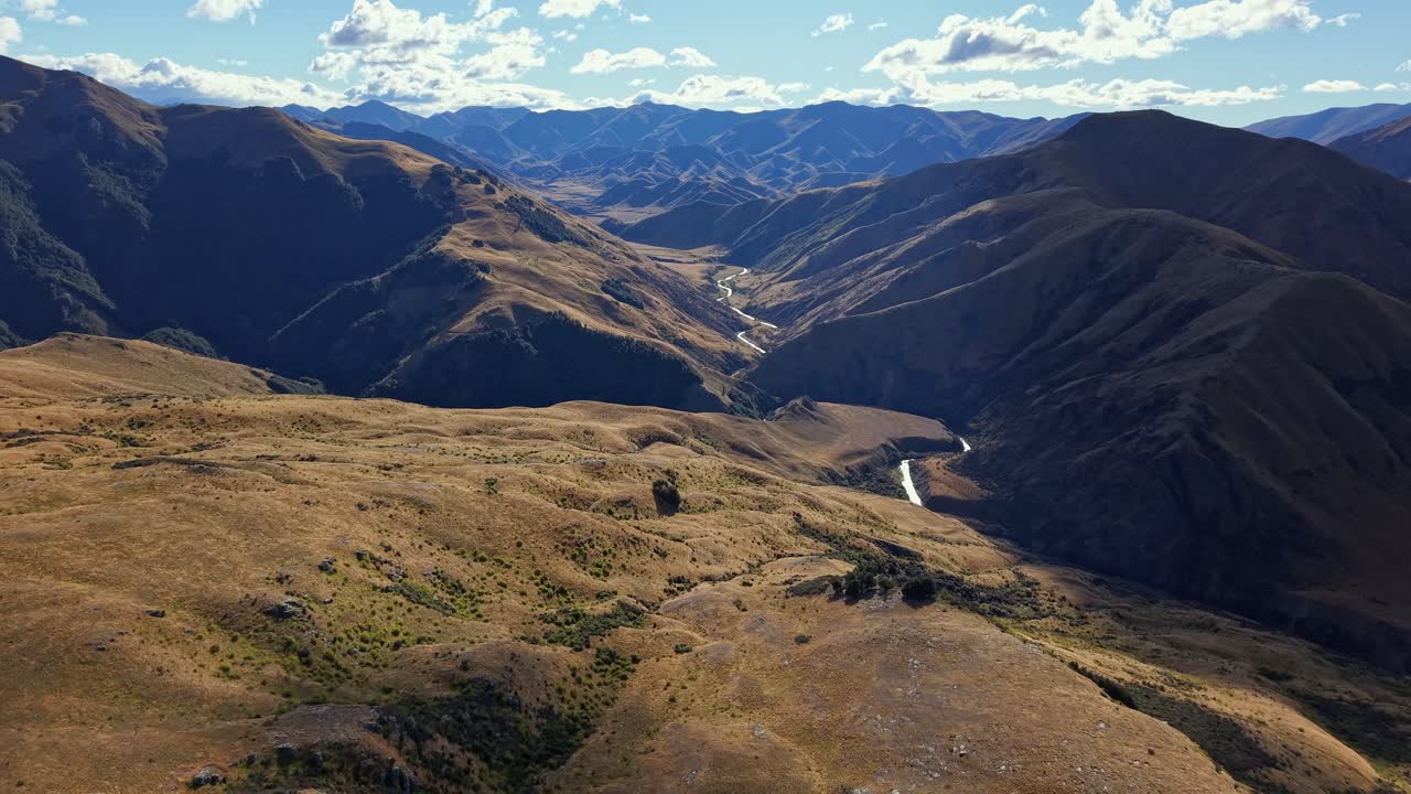 Scenic aerial view of Lindis Pass mountains, perfect for hiking and adventure