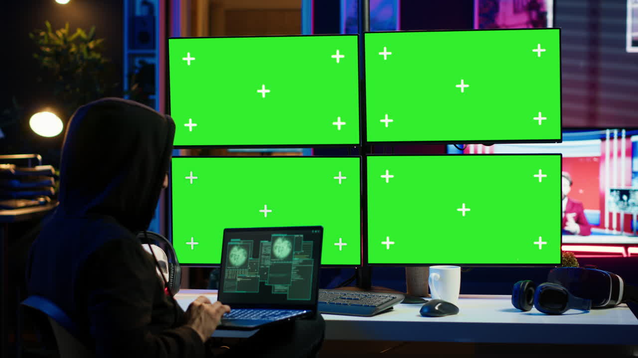 크로마 키 컴퓨터와 노트북을 사용하여 악성코드 스크립트를 만드는 해커