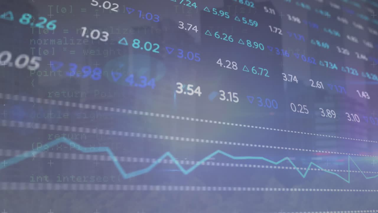 Animazione di elaborazione dati del mercato azionario su un punto luce su sfondo blu