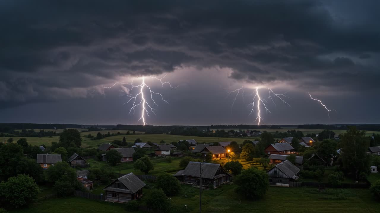 Lightning strikes over a rural village at night