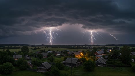 lightning strikes over a rural village at night