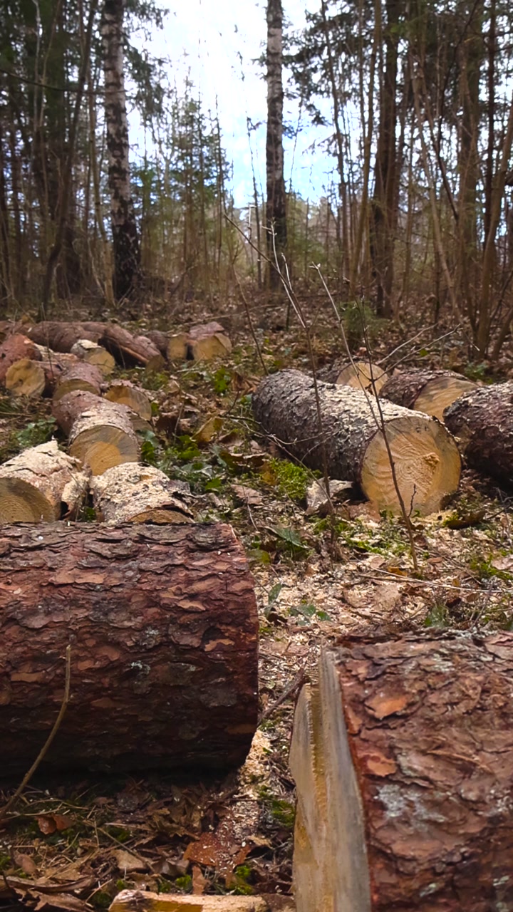 Close up view of freshly cut pine logs with sawdust lying on the ground after deforestation in a mixed forest, representing logging industry activity and its impact on the natural environment