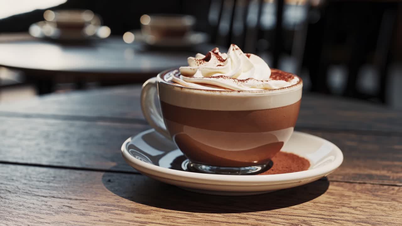 Warm, inviting video scene of a cappuccino with whipped cream on a wooden table