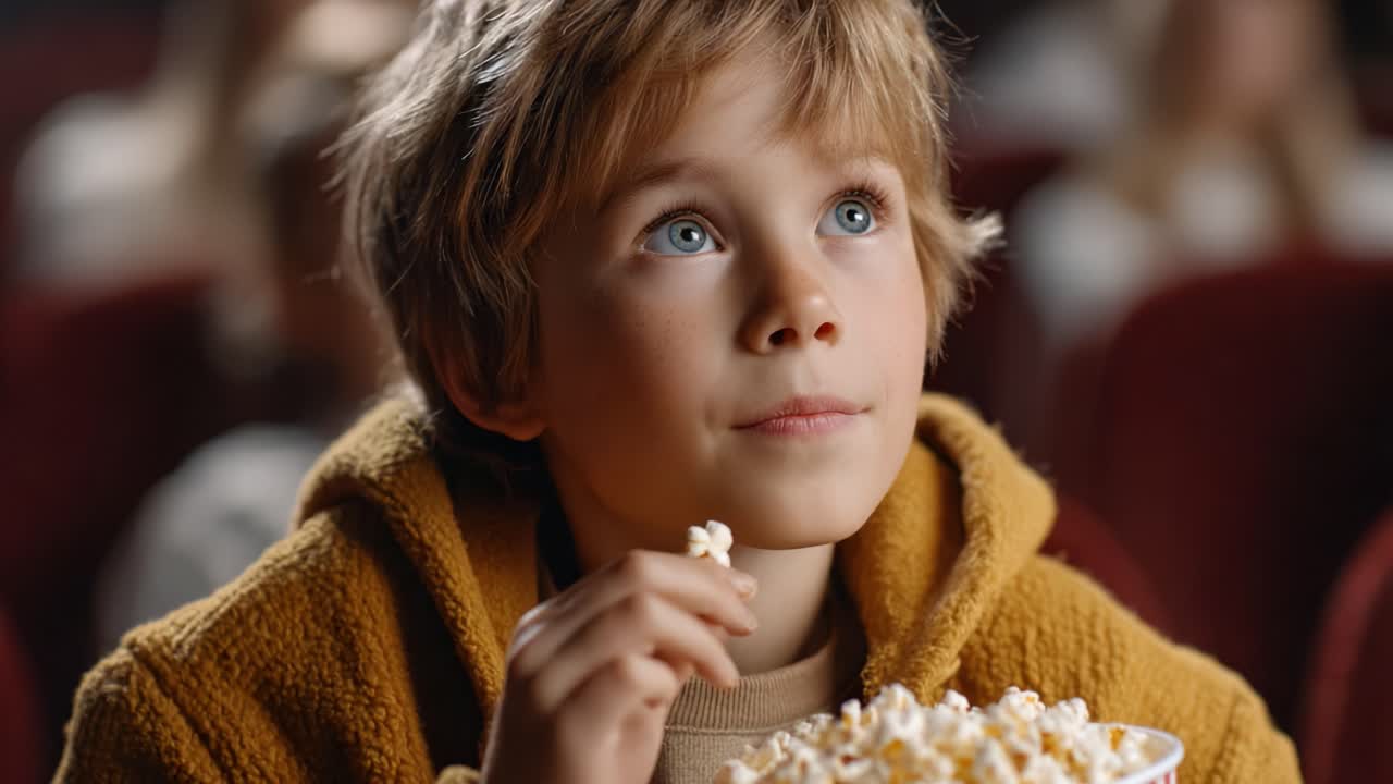 A Young Boy in a Cozy Jacket Enjoying Movie Snacks, Captivated by the Film on the Big Screen, with Large Bowl of Popcorn in a Theater Setting