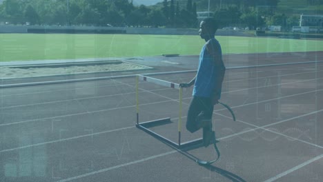 interface with data processing against african american male athlete with prosthetic leg stretching