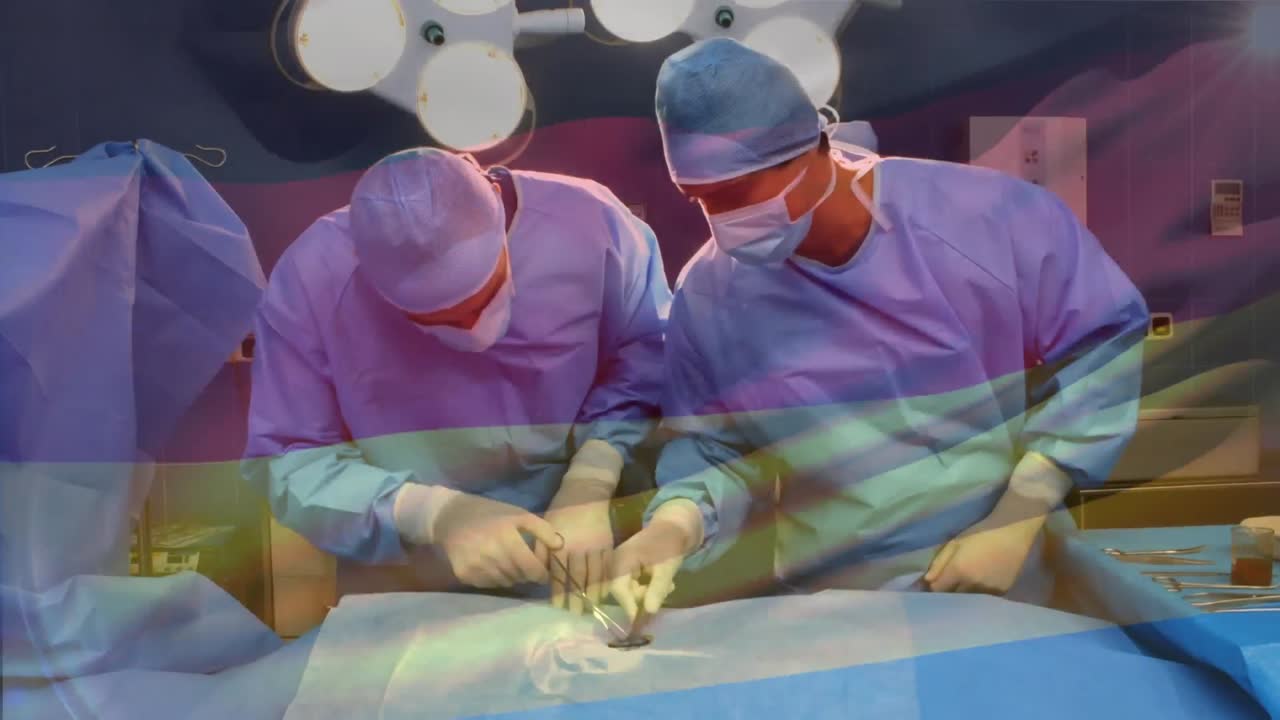 수술실에서 외과 의사 들 위 에 흔들리는 독일 국기 의 애니메이션