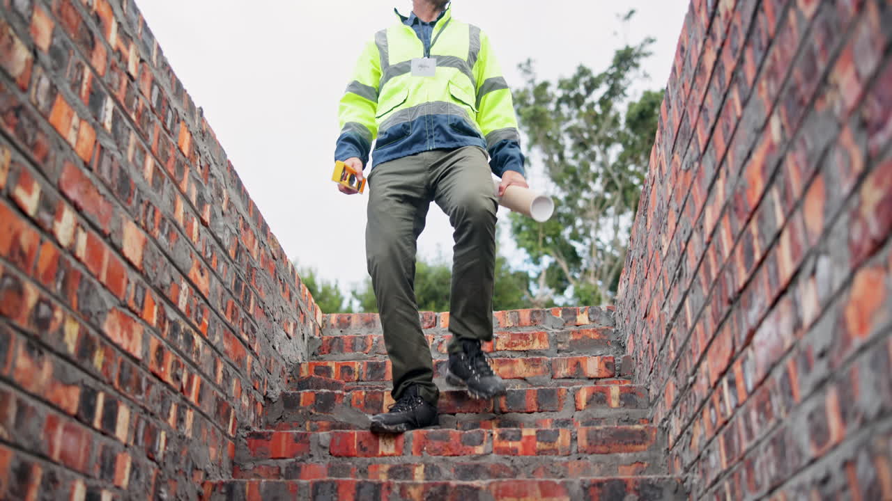 Construction worker inspecting brickwork