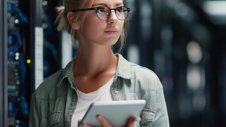 Una giovane donna pensierosa esamina i dati sul suo tablet mentre si trova in una sala server, circondata da tecnologia e apparecchiature di rete, dimostrando il suo ruolo nell'IT e nella gestione dei dati.