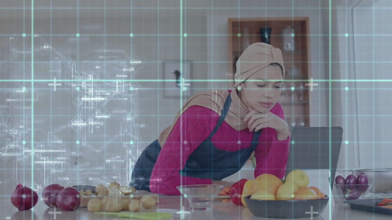 Animation of network of connections over biracial woman in hijab using computer