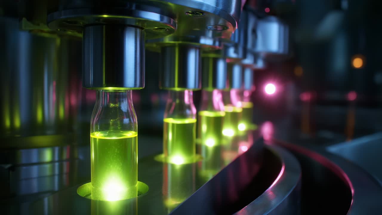 High-Tech Bottling Process with Glowing Liquid: A Close-Up View of Automated Machinery in Operation, Showcasing Bottles Filled with Vibrant Green Liquid on an Advanced Production Line