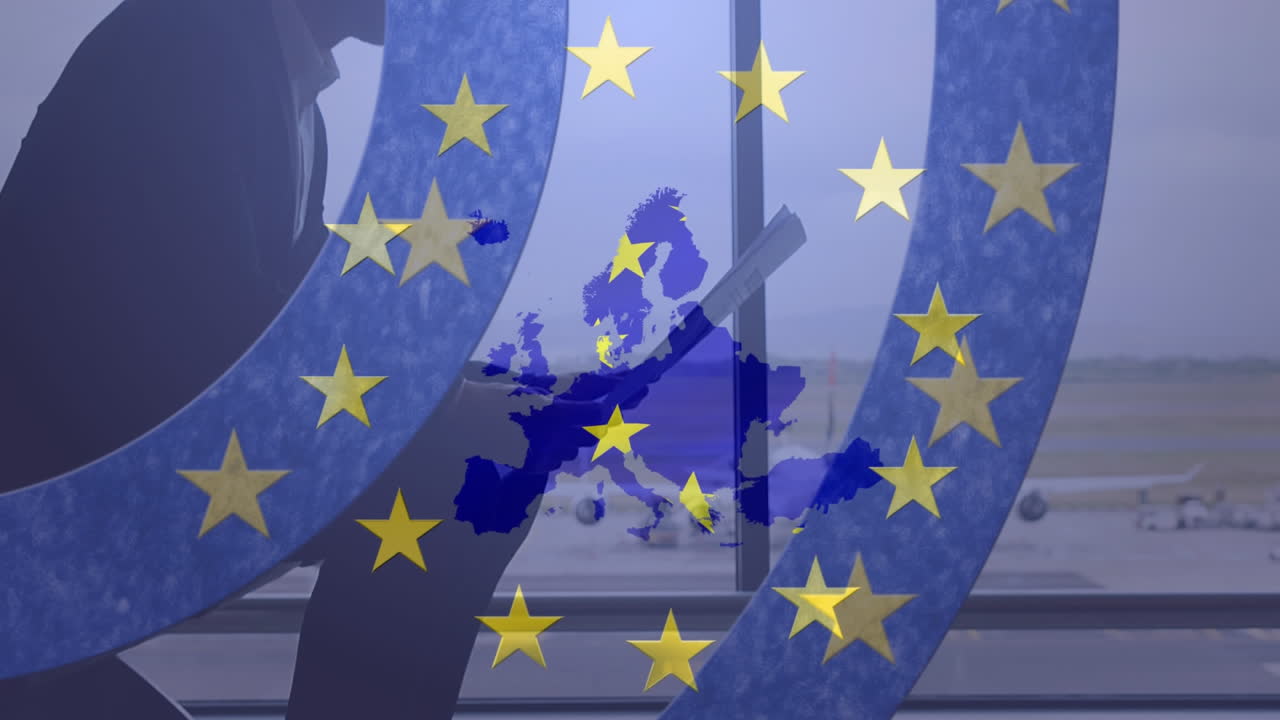 estrellas amarillas en círculos azules en movimiento sobre el mapa de la ue contra el hombre leyendo el periódico