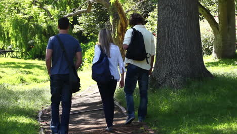 three friends walk away in a park