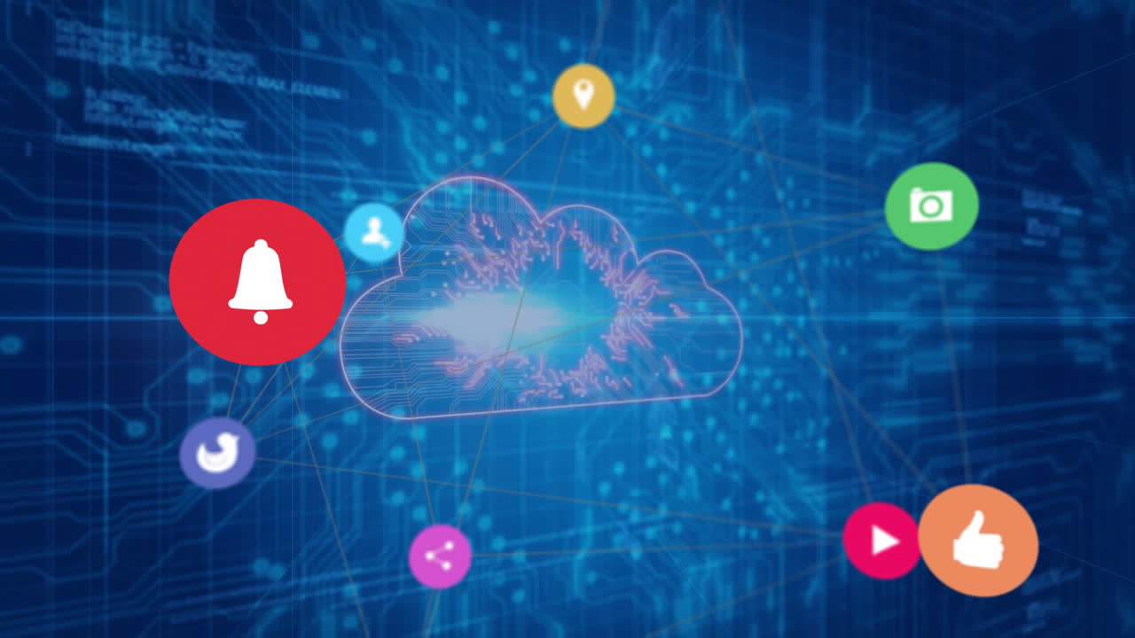 Apps connected in digital network, cloud computing concept with animation elements