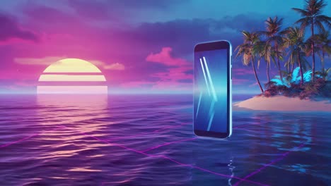 synthwave sunset with floating smartphone and digital ocean grid