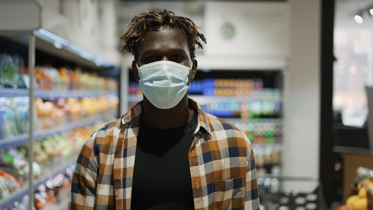 Uomo afroamericano con mascherina passa davanti al supermercato
