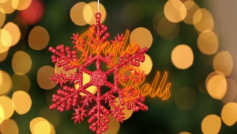 Animation-of-neon-jingle-bells-text-banner-over-hanging-snowflake-decoration-and-spots-of-light