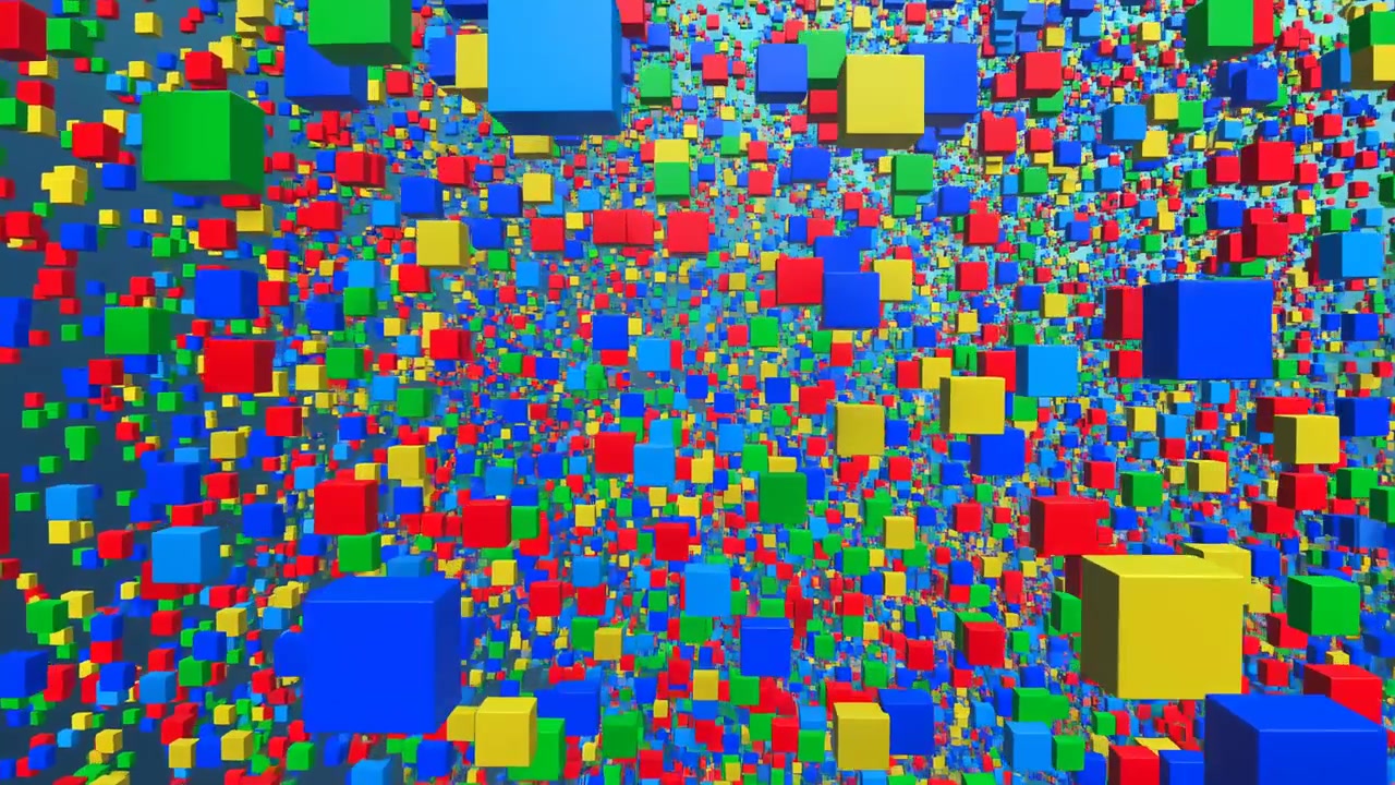 Vibrant Multicolored Cubes Swarm In Hypnotic Digital Tunnel, Camera Flythrough Reveals Dense Glossy Blocks