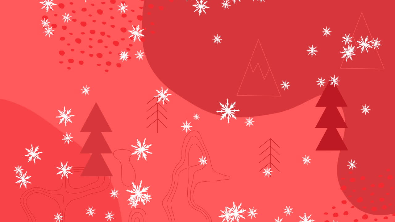 animación de nieve cayendo sobre decoraciones de navidad y abetos sobre fondo rojo