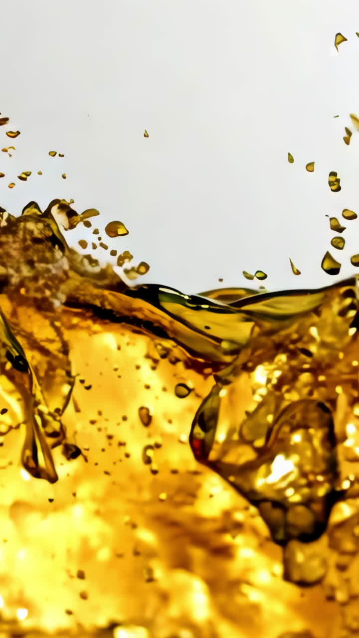 A splash of liquid with bubbles and foam. The liquid is brown and he is a beverage