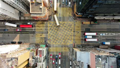 Downtown-Hong-Kong-buildings,-Crosswalk-and-traffic,-High-altitude-aerial-view