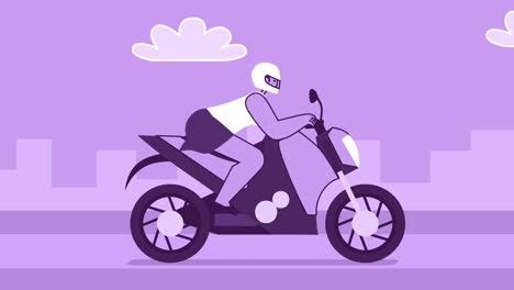 фиолетовый стиль женщина плоский персонаж едет на мотоцикле на высокой скорости. изолированная цикла анимация с альфа-каналом