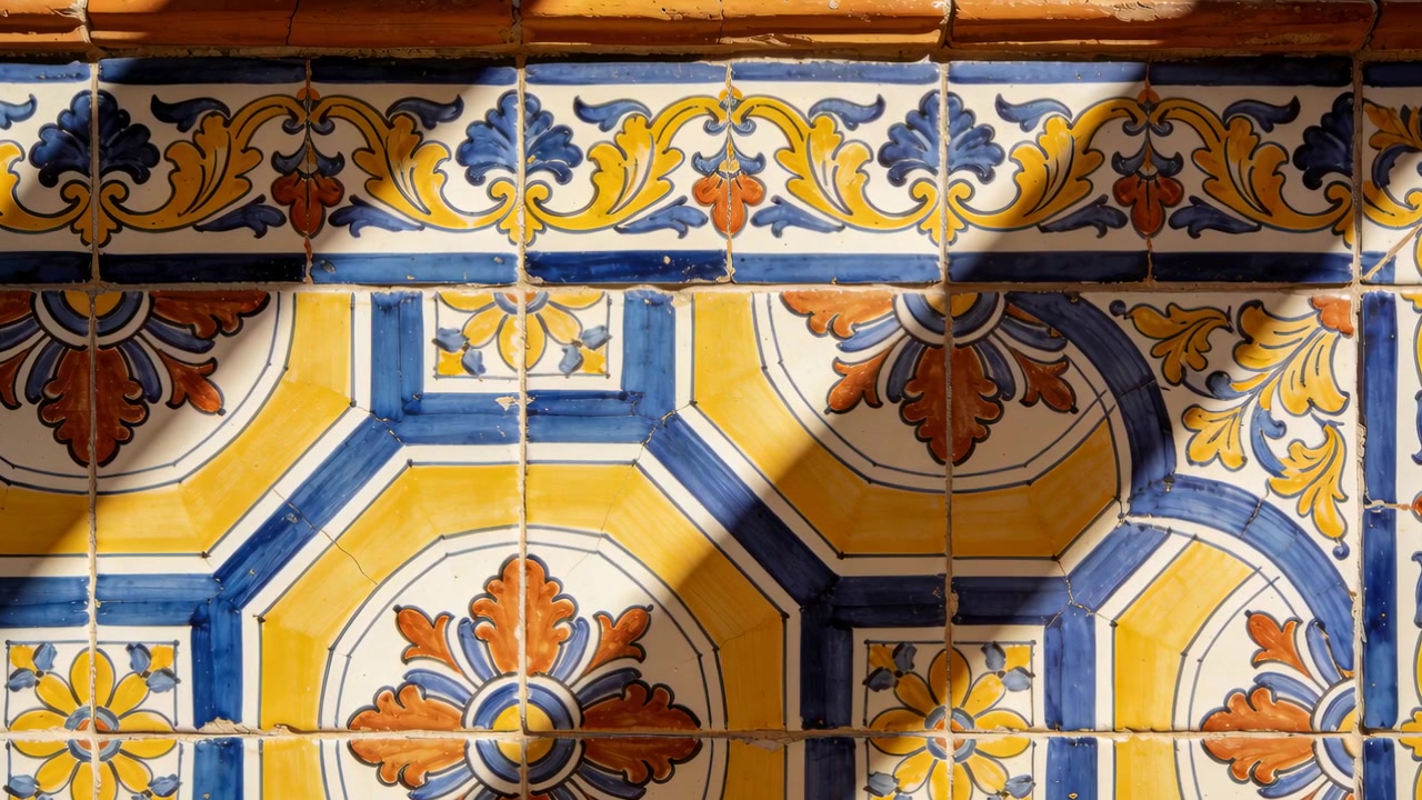 Sole che si sposta, ombra arrotondata che accarezza le piastrelle di ceramica su una scala, mostrando motivi blu, gialli e arancioni