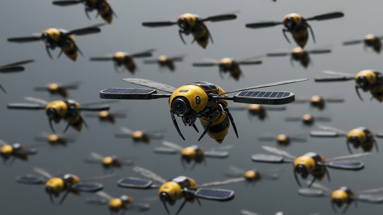 An Intriguing Display of Robotic Bees in Flight: A Futuristic Vision of Technology and Nature Intertwined, Showcasing Their Unique Solar-Powered Designs and Swift Movement