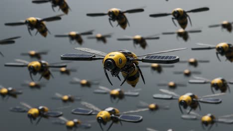 an intriguing display of robotic bees in flight: a futuristic vision of technology and nature intertwined, showcasing their unique solar-powered designs and swift movement