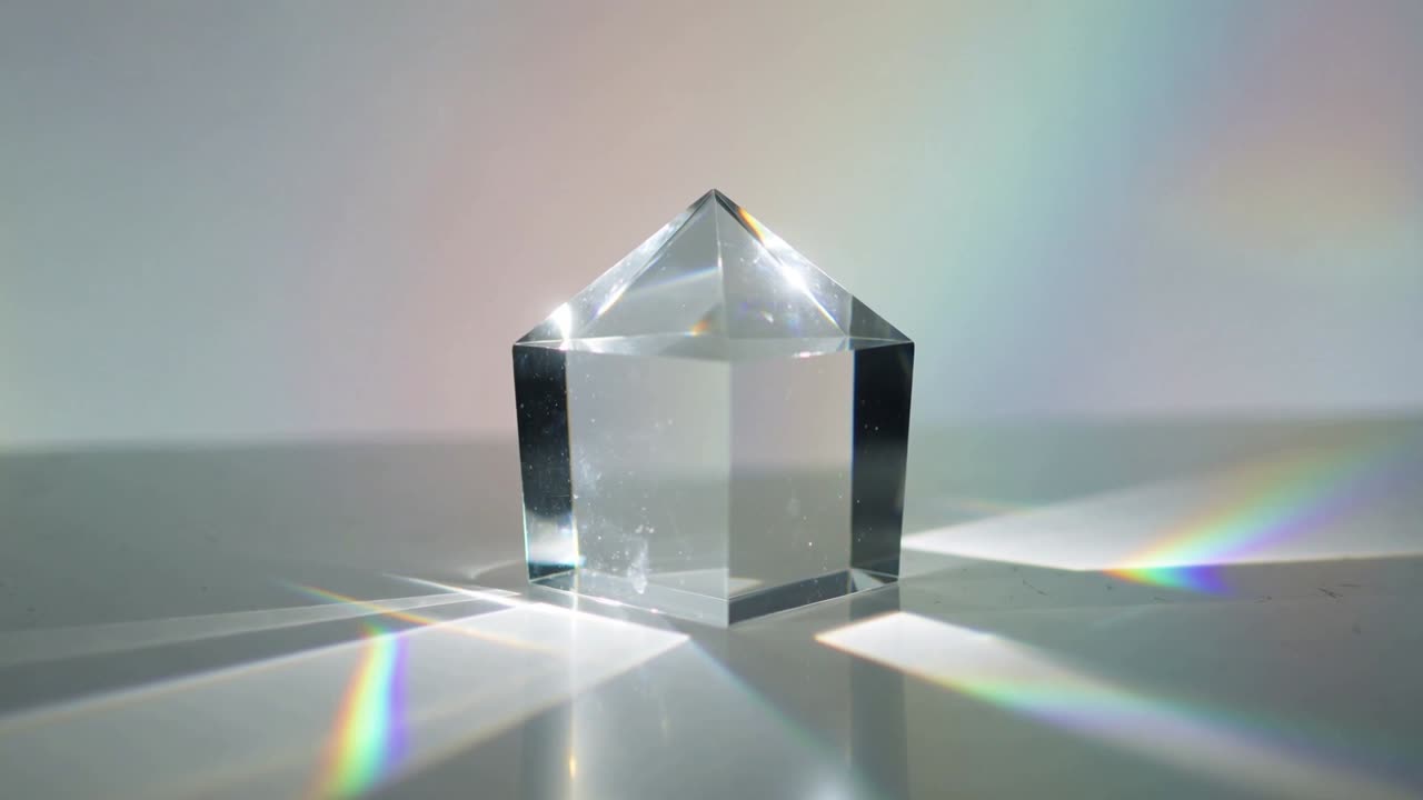 Striking off-frame light causing prism refracting rainbow bands and bright glints on white backdrop