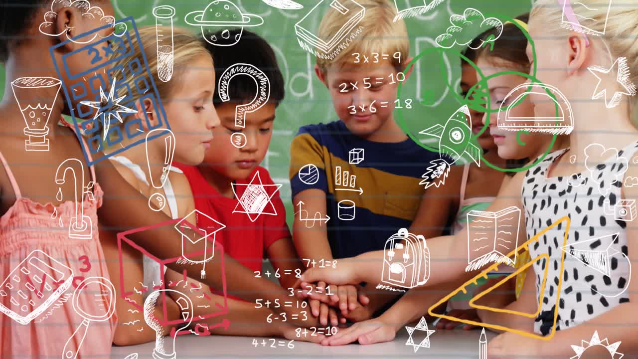 다양한 학생 그룹 위에 떨어지는 학교  ⁇  아이콘의 애니메이션