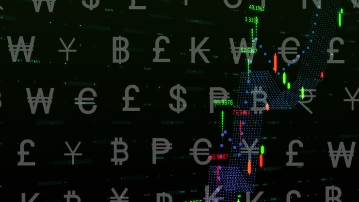 Animazione di simboli di valuta su elaborazione di dati finanziari su sfondo nero.