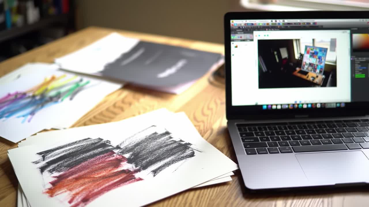 Exploring Artistic Techniques: A Creative Workspace with Drawings and Digital Display Capturing the Essence of Artistic Expression and Design Process