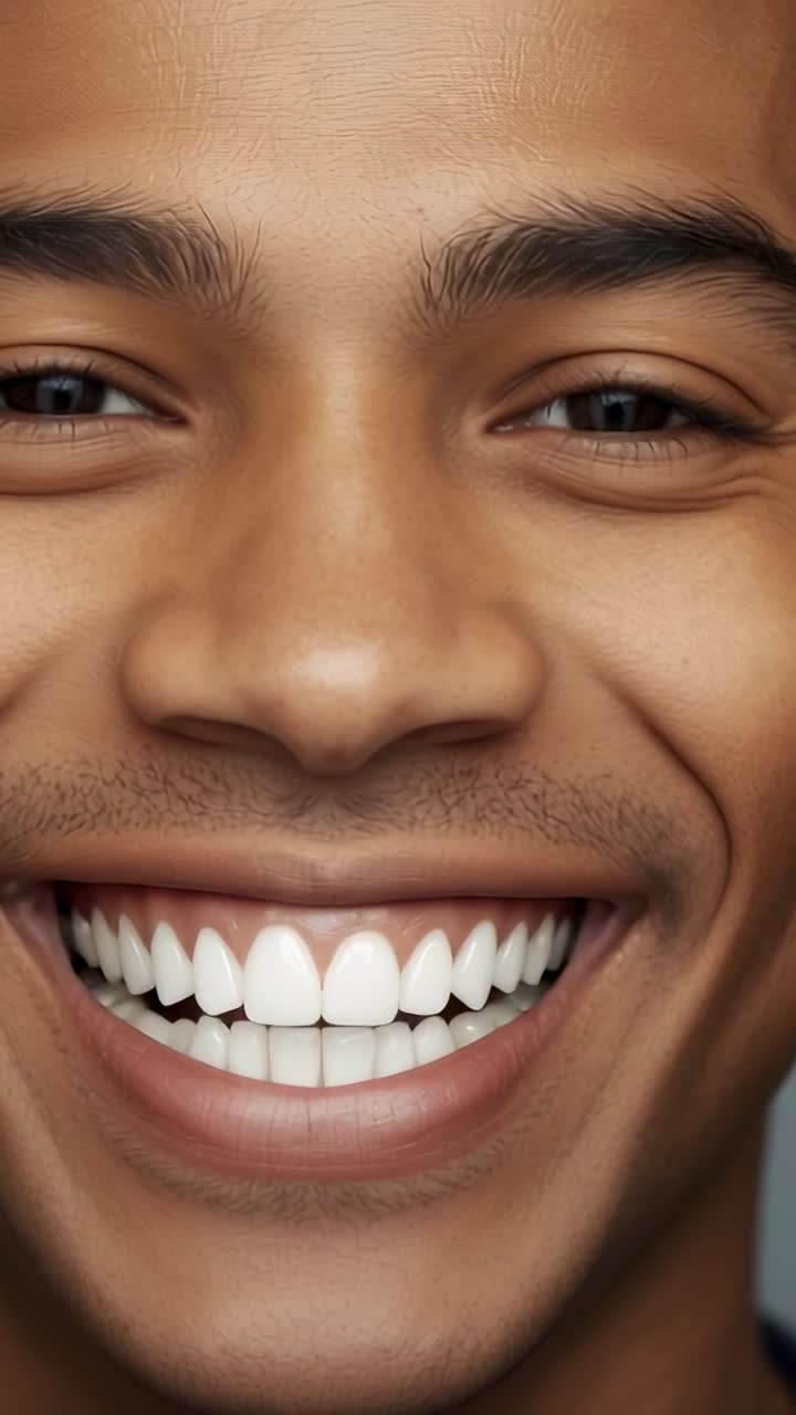 Vertical video: Smiling man then laughing heartily in grey backdrop, expressing happiness