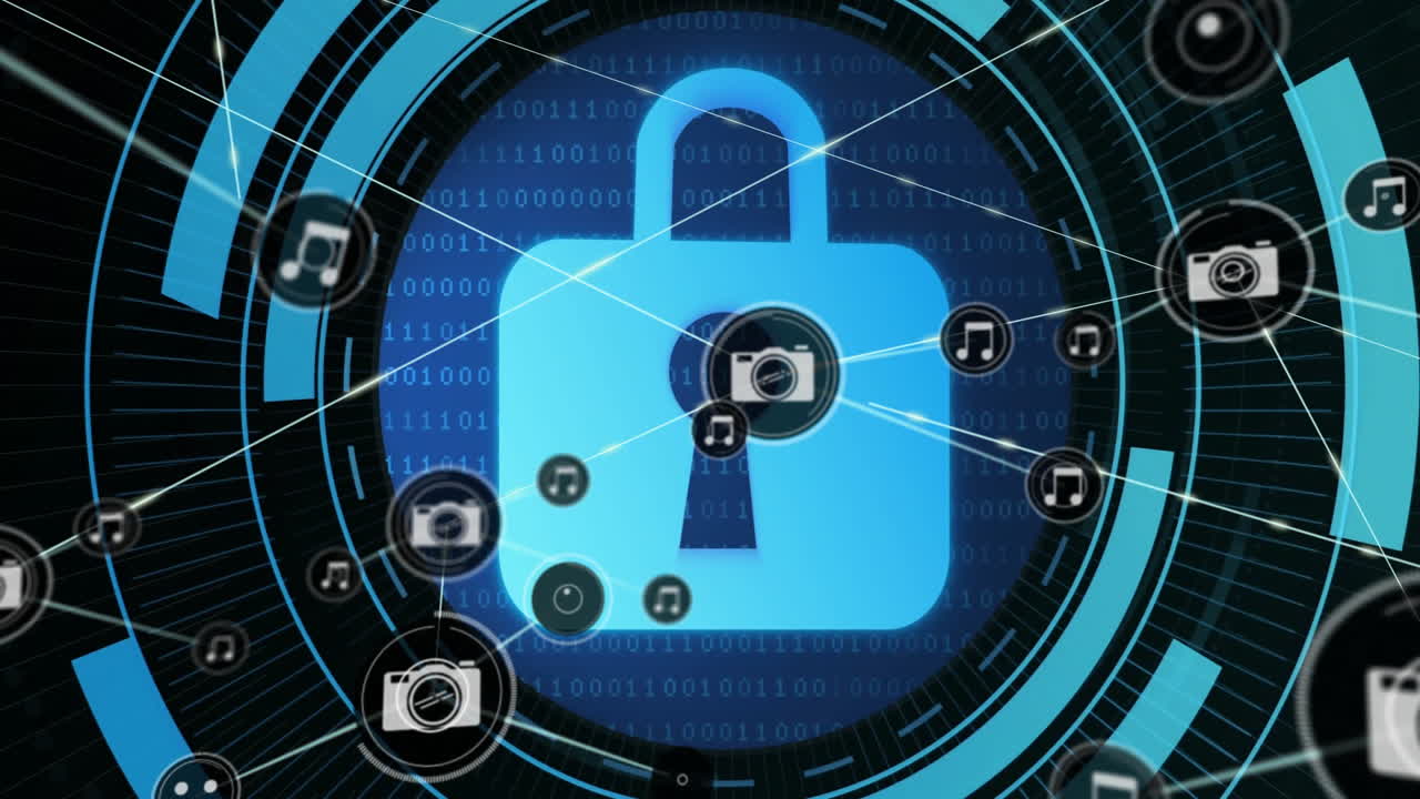 Animation of lock icon and multimedia symbols interconnected for digital security