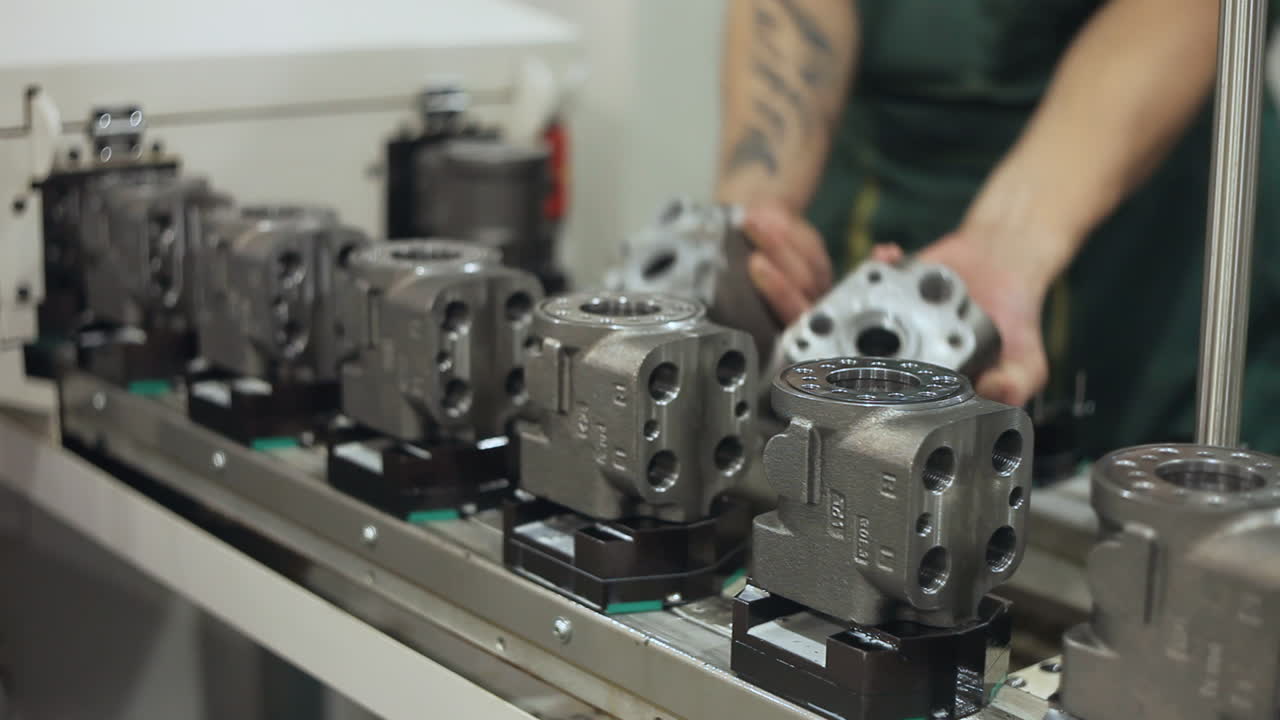 trabajador de fábrica que controla la calidad de la producción en la línea de transporte. piezas de la máquina