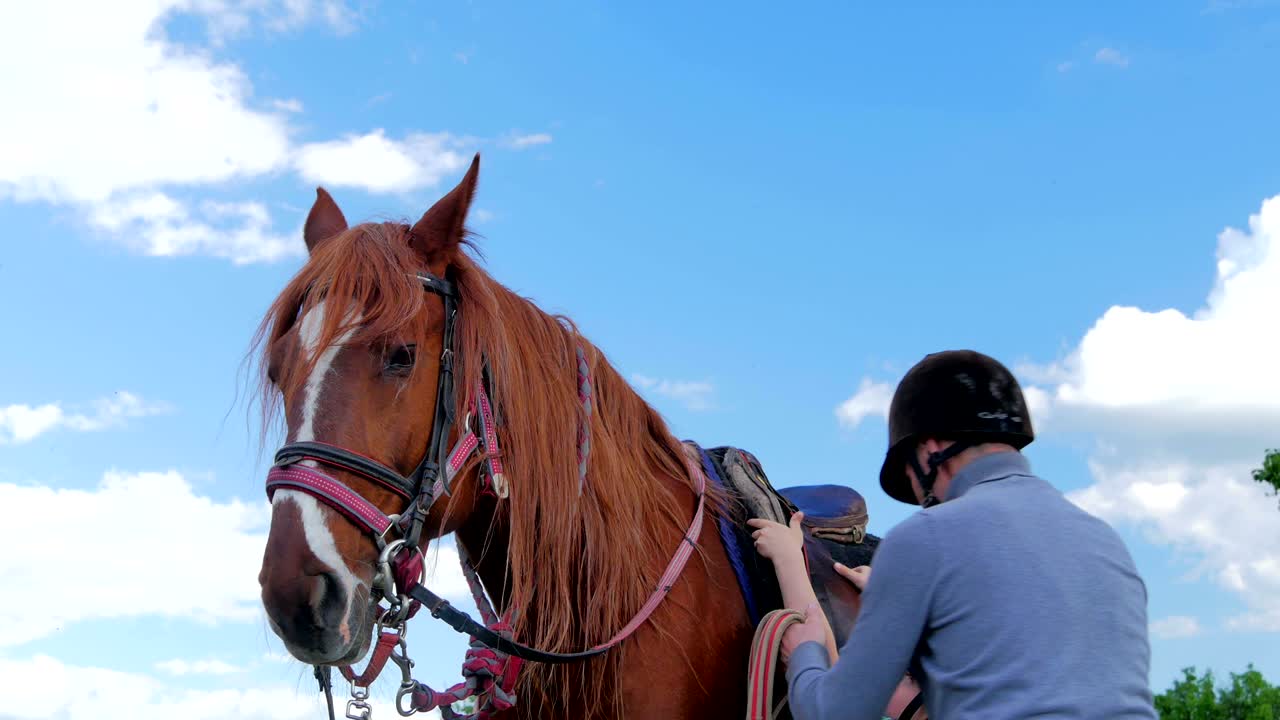 The man help the little boy to sit in saddle on horse
