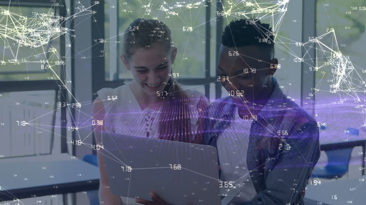 Animation of connections over happy diverse students using technology at school