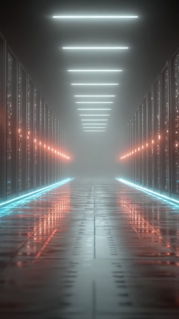En futuristisk datacenterkorridor oplyst af neonlys, der fremviser rækker af serverrack og et reflekterende gulv i en mystisk atmosfære.